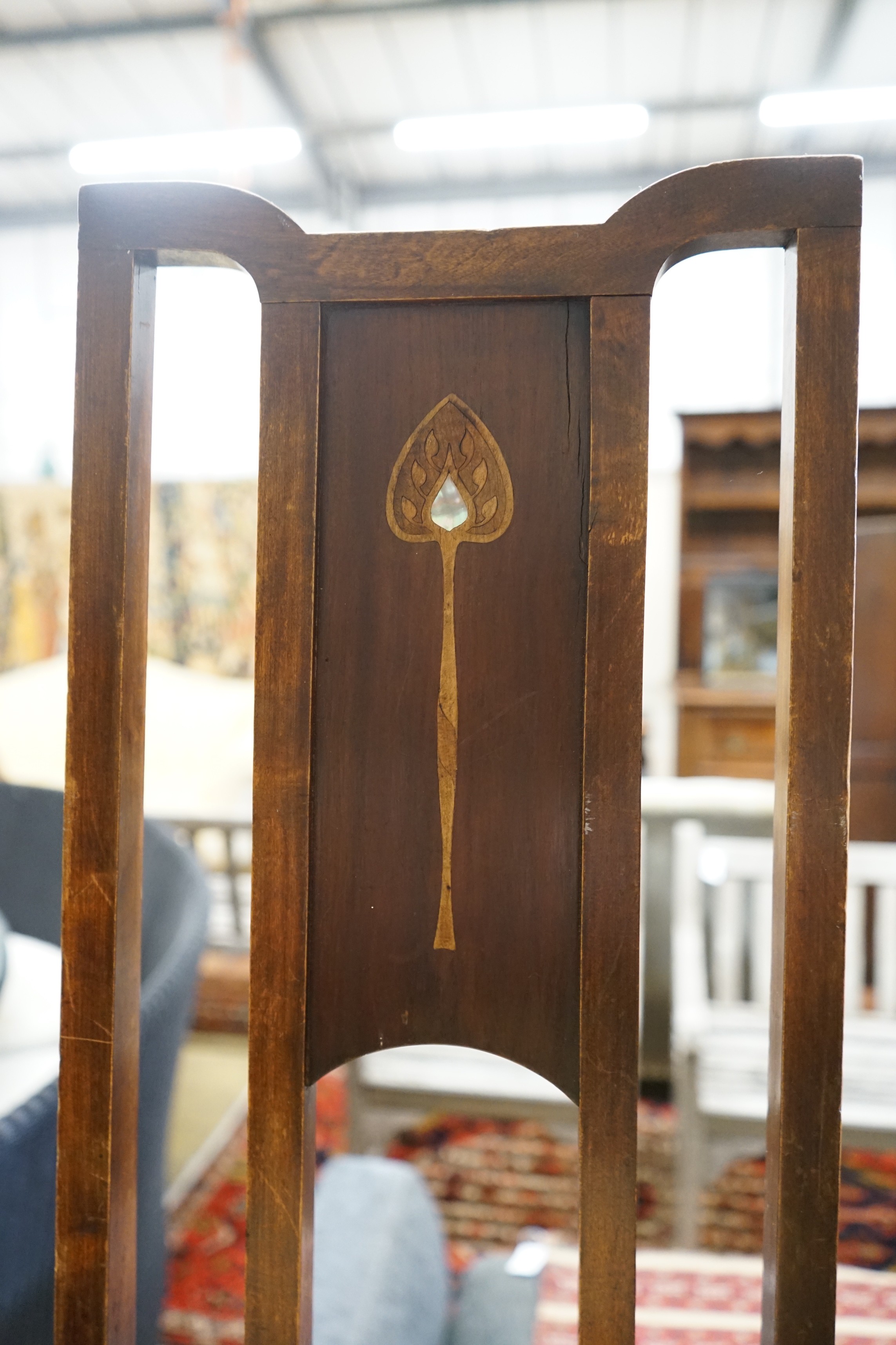 A small late Victorian rectangular folding occasional table, width 44cm, depth 40cm, height 58cm together with two Art Nouveau inlaid side chairs